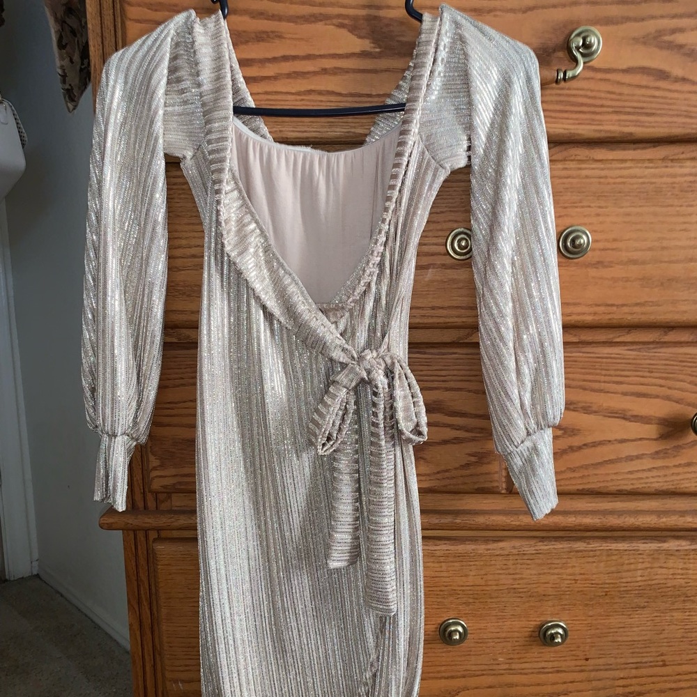A gold off the shoulder and above the knee dress, size small, long sleeve